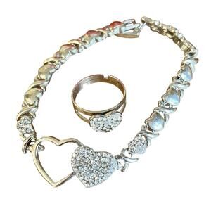 Womens Silver‎ Bracelet & Ring Set Hugs Kisses Crystals Romantic Jewelry Gift